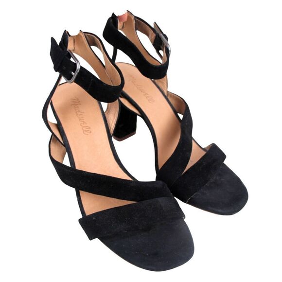 Madewell BLACK GENUINE LEATHER SUEDE HIGH HEEL OPEN TOE STRAPPY SANDALS Sz 8.5 - Picture 1 of 7